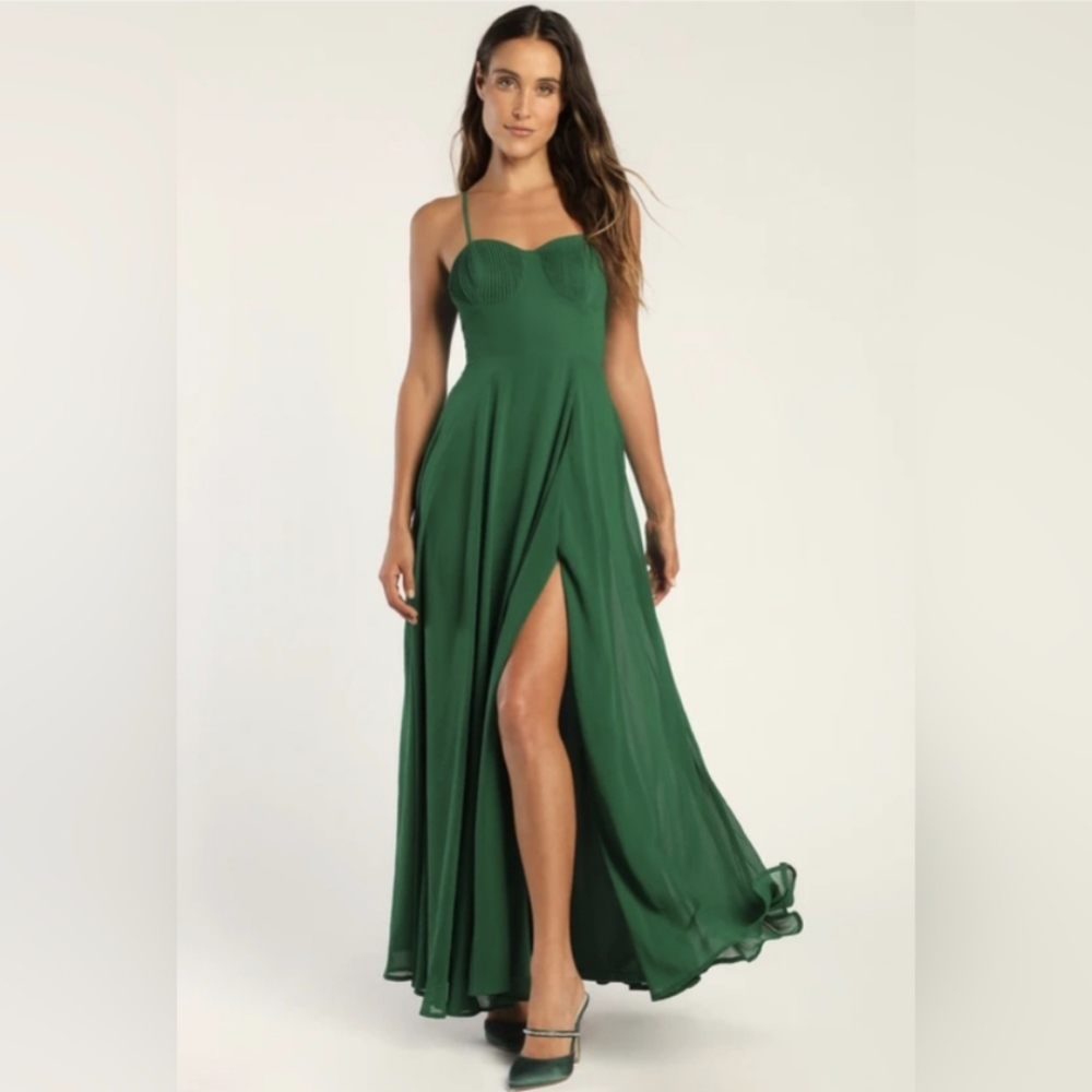 Lulus Cause for Commotion Green Pleated Bustier Maxi Dress